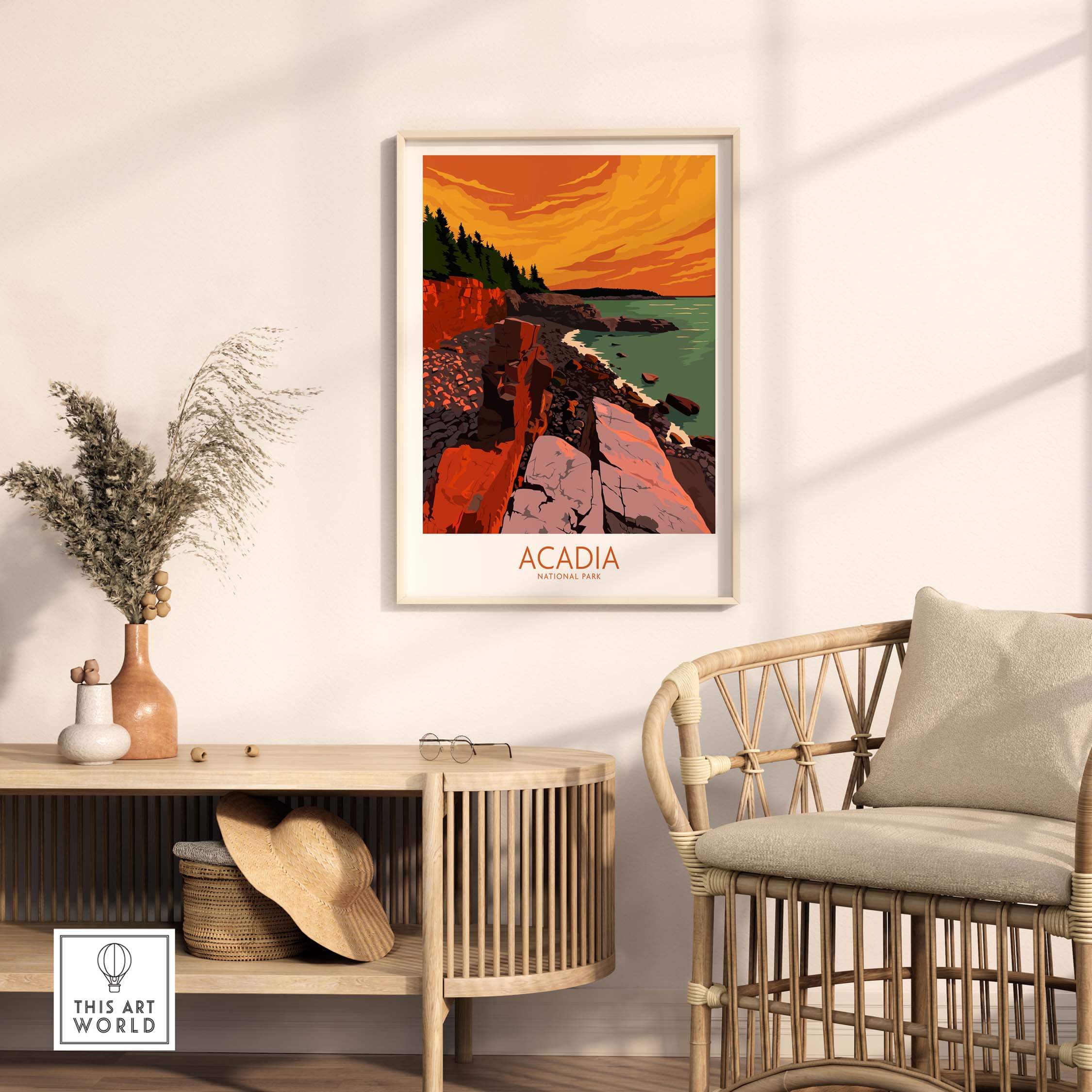 Acadia Print Wall Art Poster showcasing a vibrant coastal scene, perfect for home or office decor.