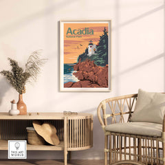 Acadia National Park Poster in a stylish living room with coastal scenery and vintage design elements.