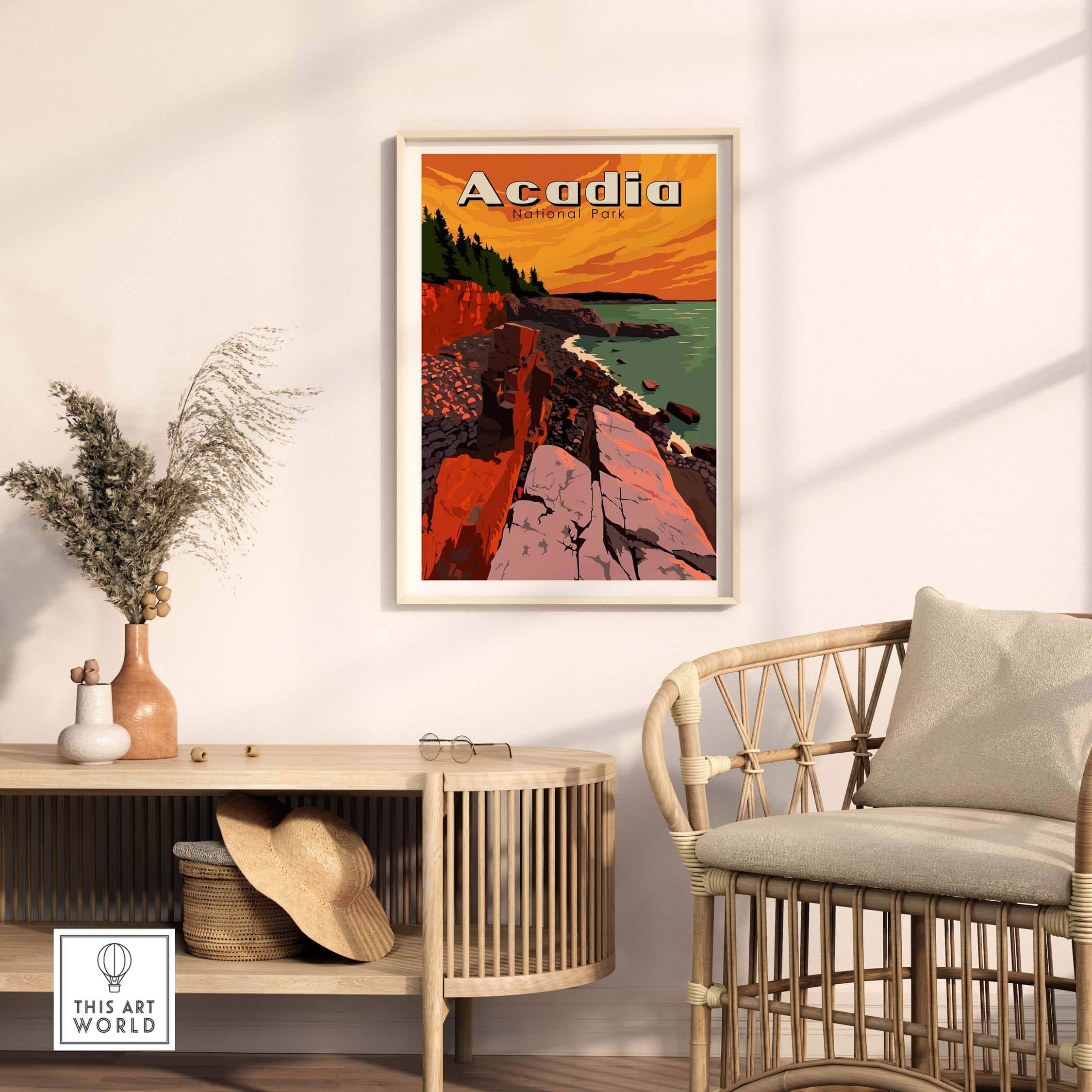 Acadia National Park Print in vintage style displayed in modern home decor, showcasing beautiful coastal landscape.