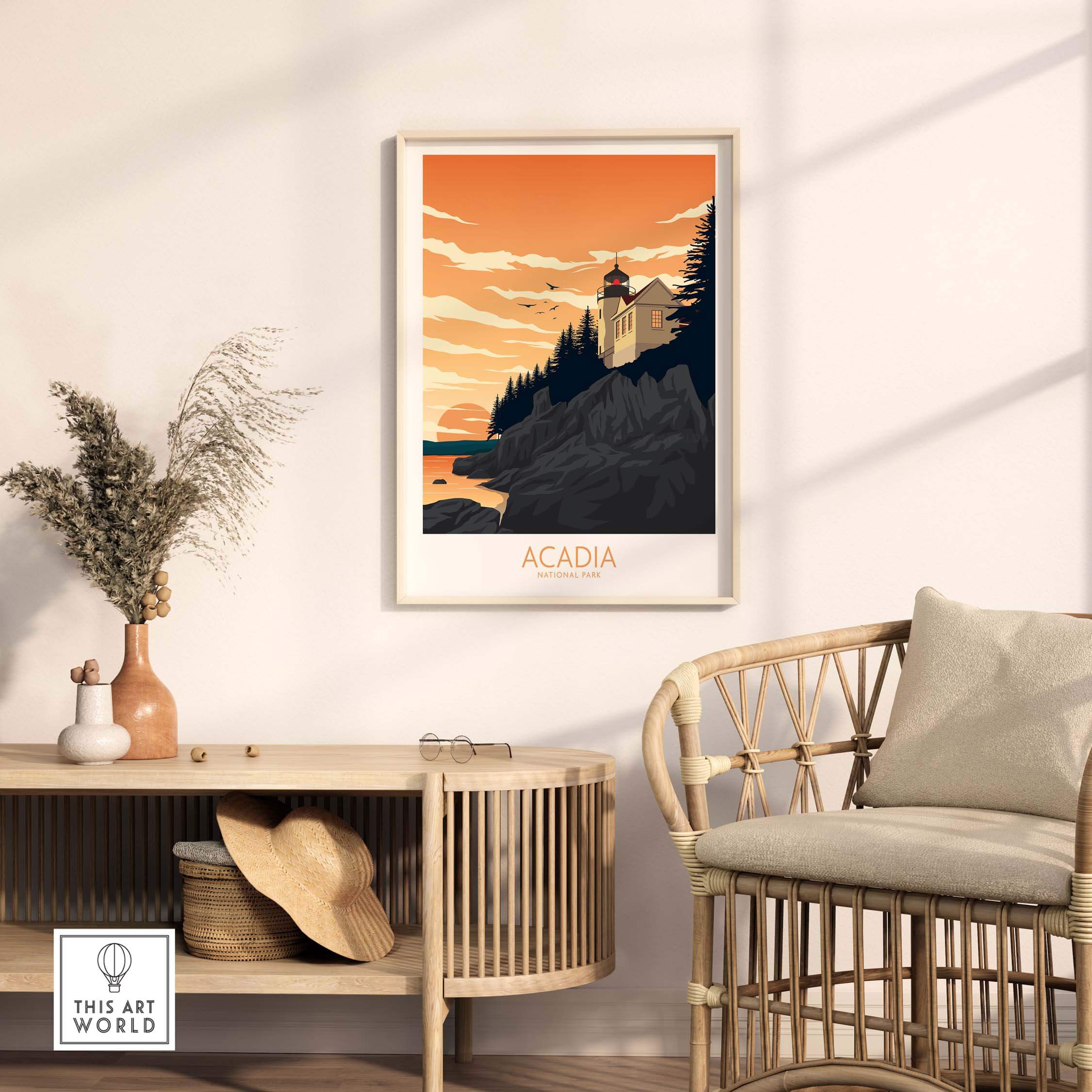 Acadia National Park art print in a minimalist style, framed in a stylish living room setting.