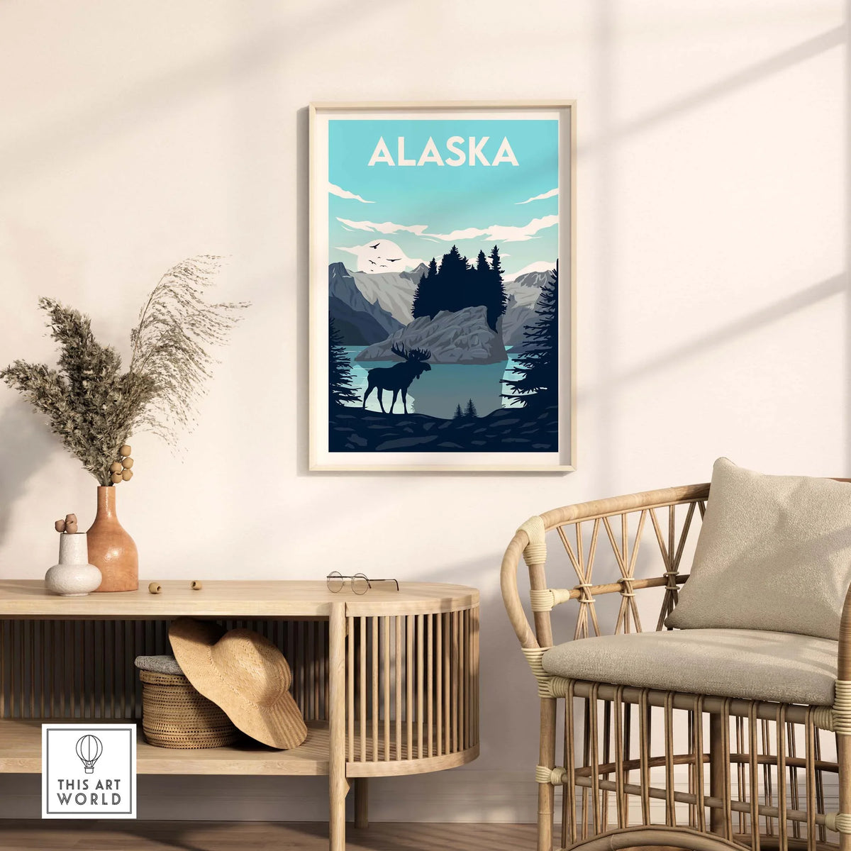 Alaska Poster Wall Art Print featuring a moose and stunning landscape, perfect for nature lovers' home decor.