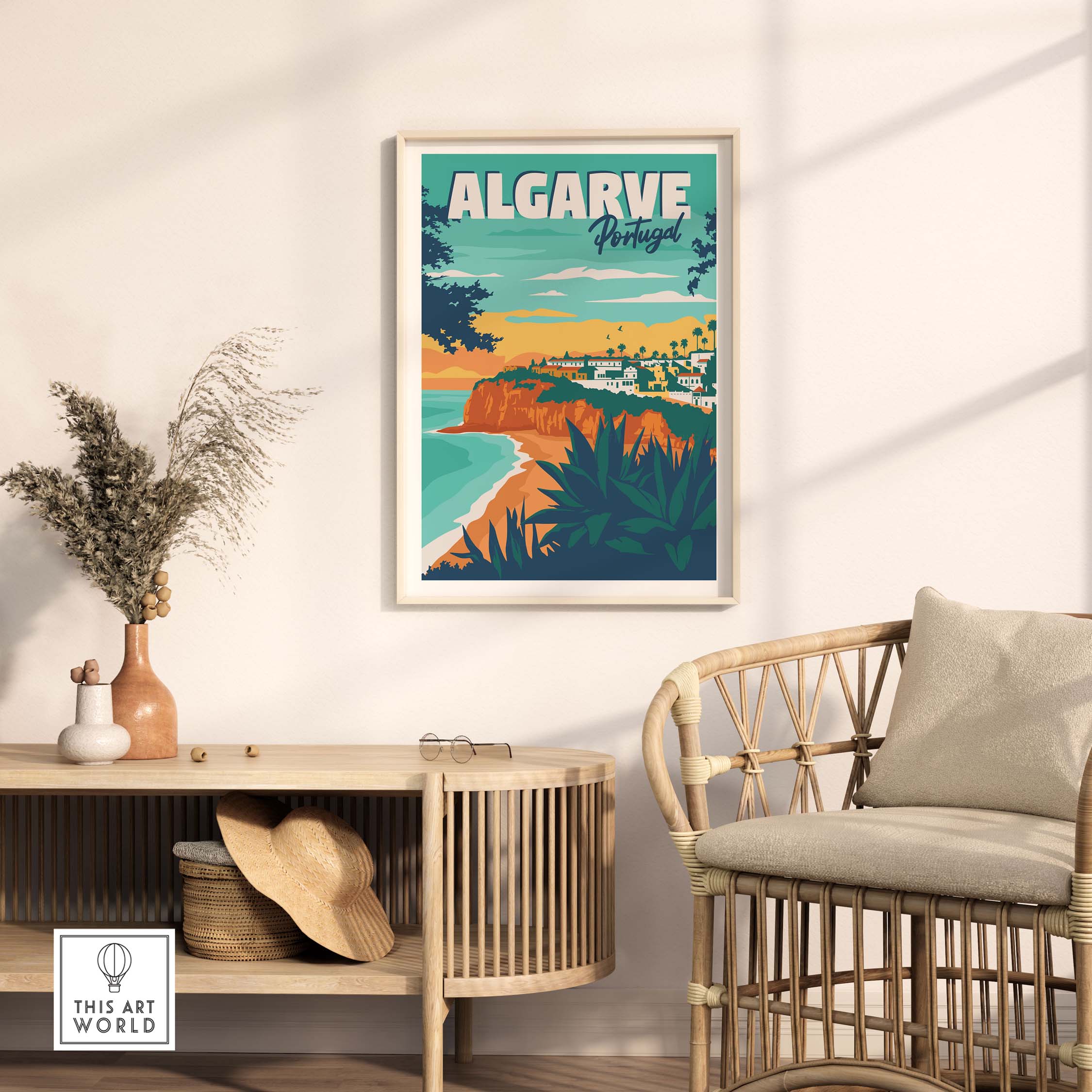 Stylish Algarve poster featuring coastal scenery, perfect for home or office decor. Vintage travel art from This Art World.