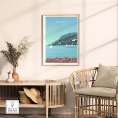 Amalfi Coast Italy print showcased in a stylish living room with modern decor and natural light.
