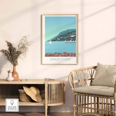 Amalfi Coast Print featuring a serene coastal landscape in stylish home decor setting.