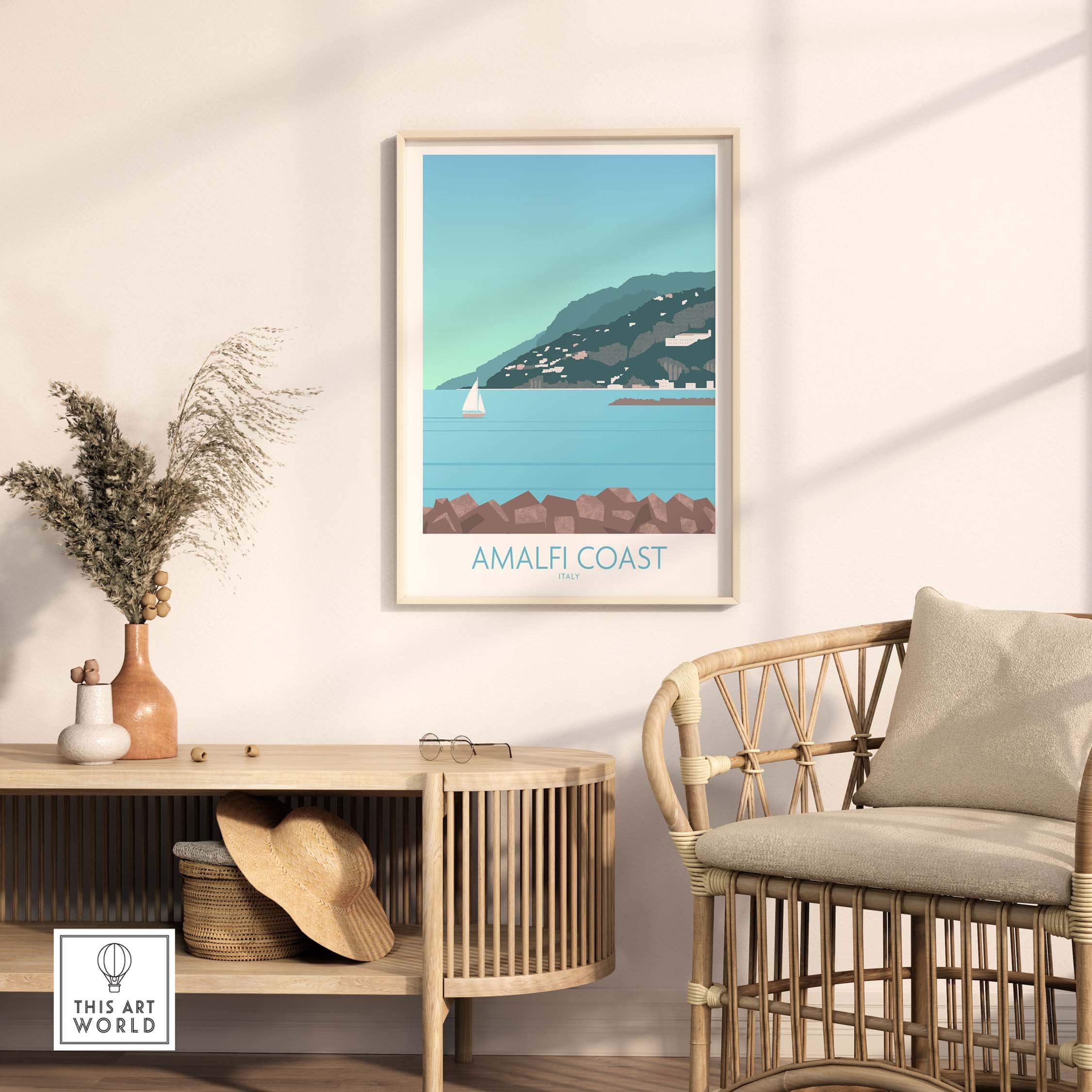 Amalfi Coast Print featuring a serene coastal landscape in stylish home decor setting.