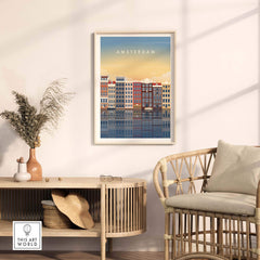 Amsterdam Wall Art Poster Print displayed in a stylish home interior, featuring vintage architecture and warm colors.