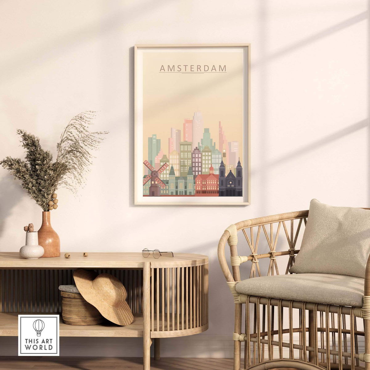 Amsterdam skyline print wall art framed, showcasing iconic canal houses, bridges, and windmills in pastel tones.