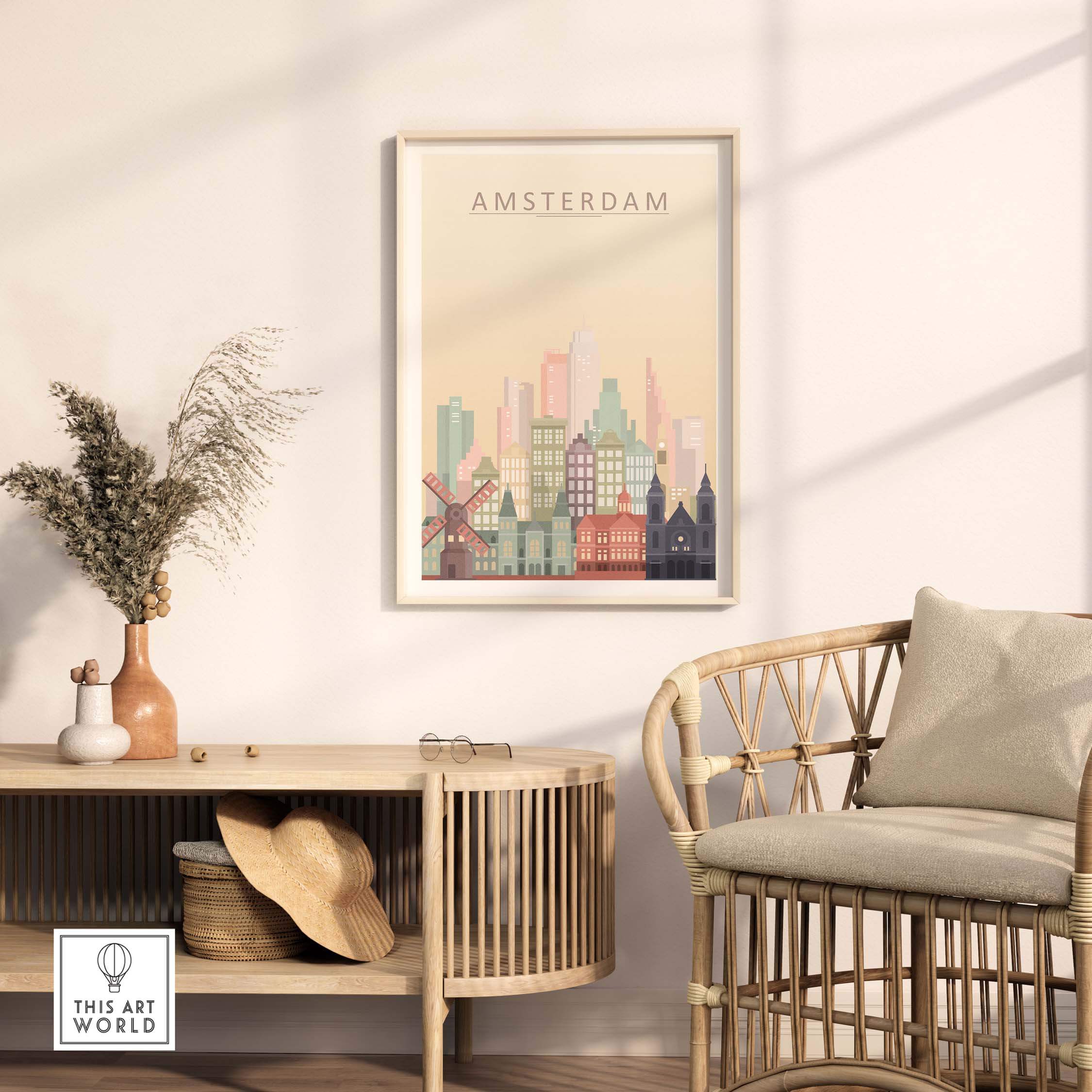 Amsterdam skyline print wall art framed, showcasing iconic canal houses, bridges, and windmills in pastel tones.