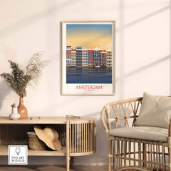 Amsterdam Wall Art Print showcasing vintage travel style, framed in a cozy interior setting.