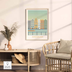 Amsterdam print showcased in a stylish living room, featuring vintage-inspired architecture and modern decor.