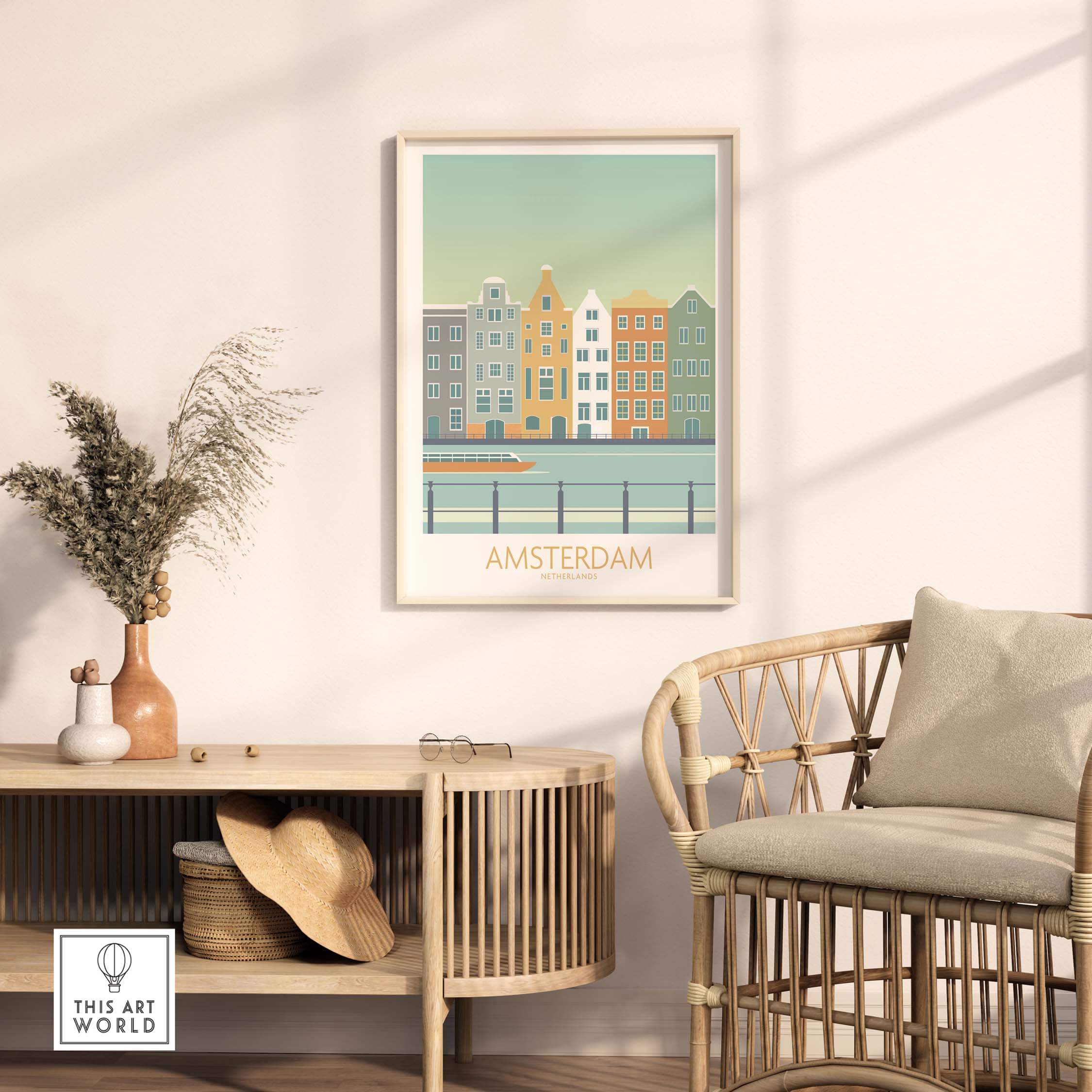 Amsterdam print showcased in a stylish living room, featuring vintage-inspired architecture and modern decor.