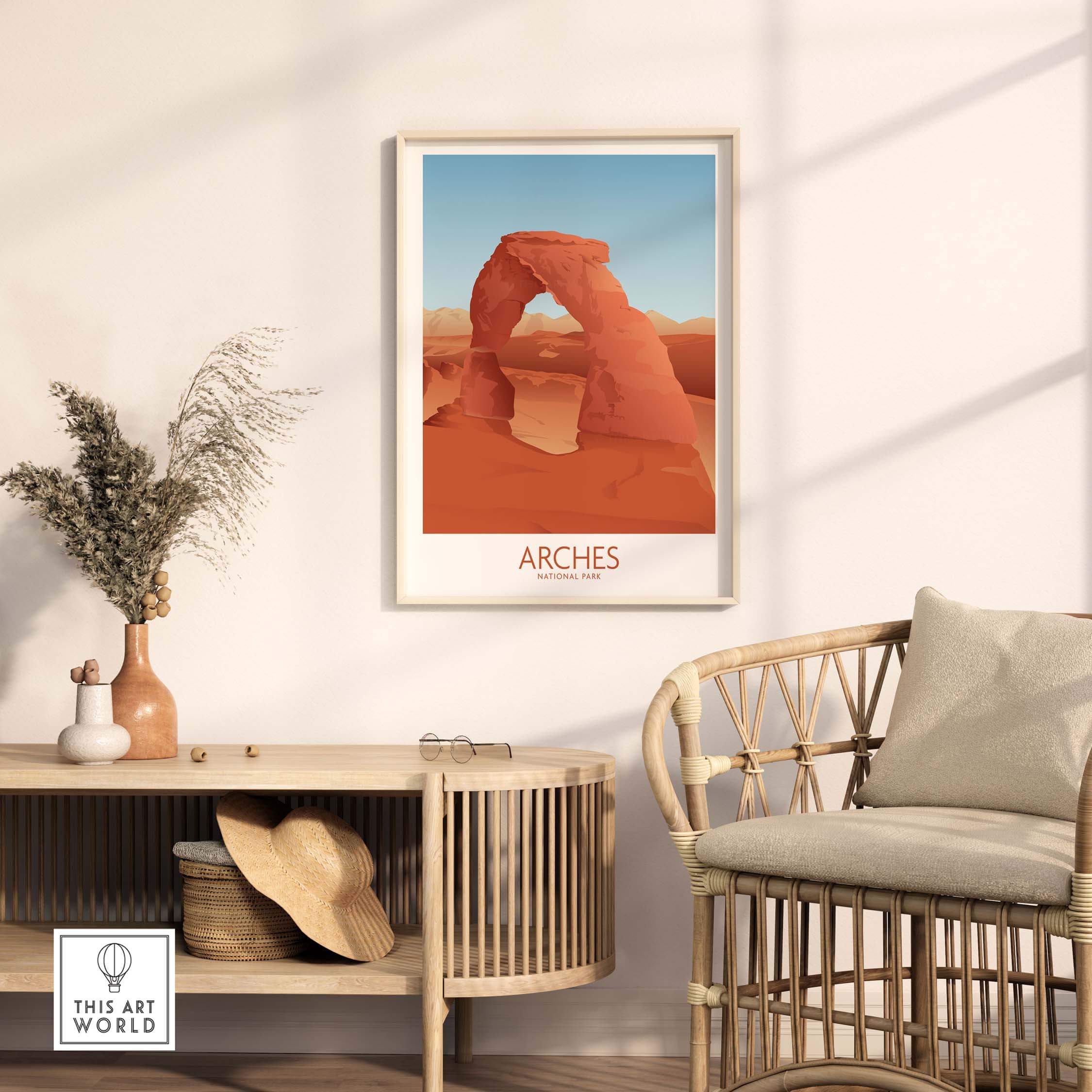 Arches National Park art print displayed in a stylish home setting with rattan furniture and decorative elements.