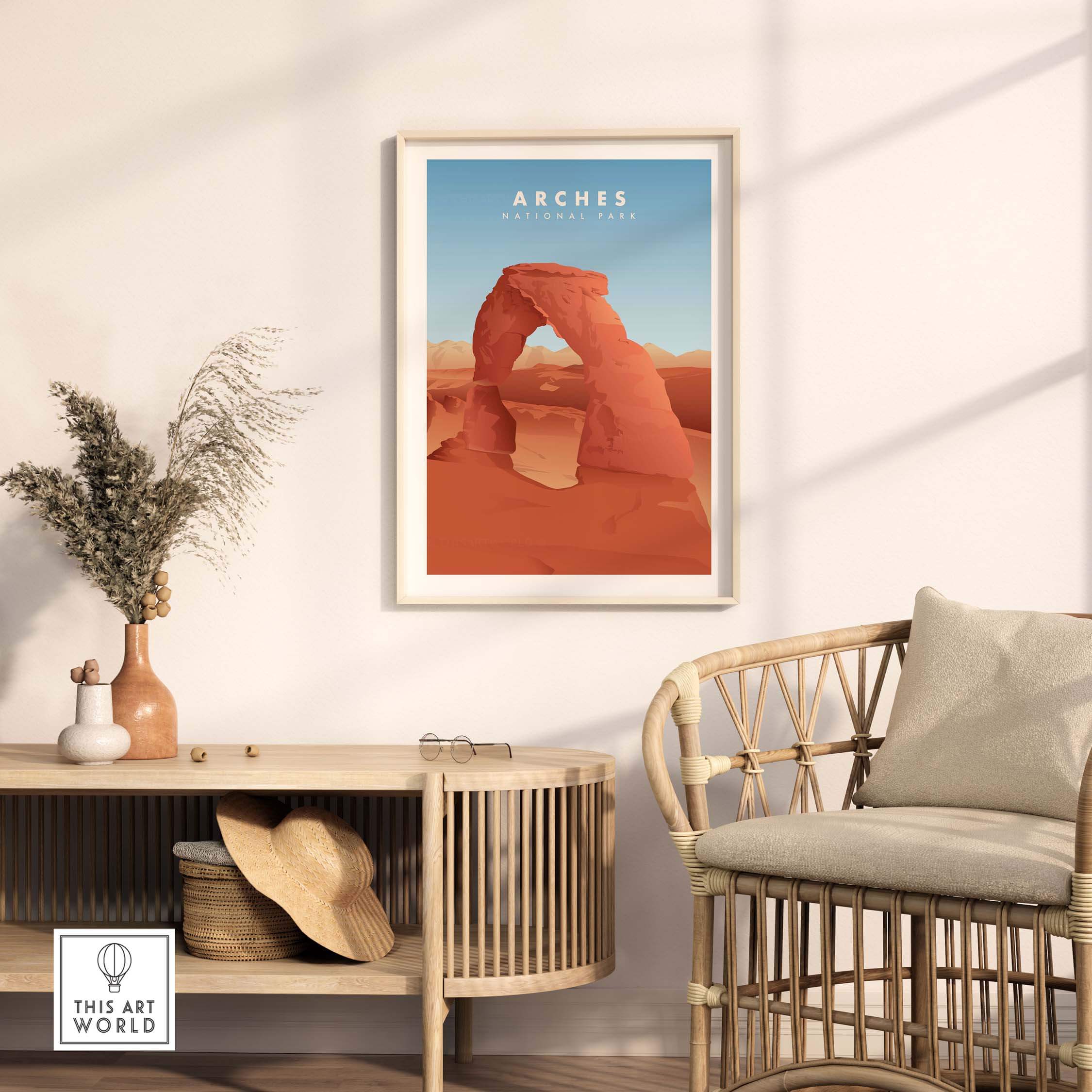 Arches National Park art print displayed in a stylish interior, featuring a minimalist design inspired by vintage travel posters.