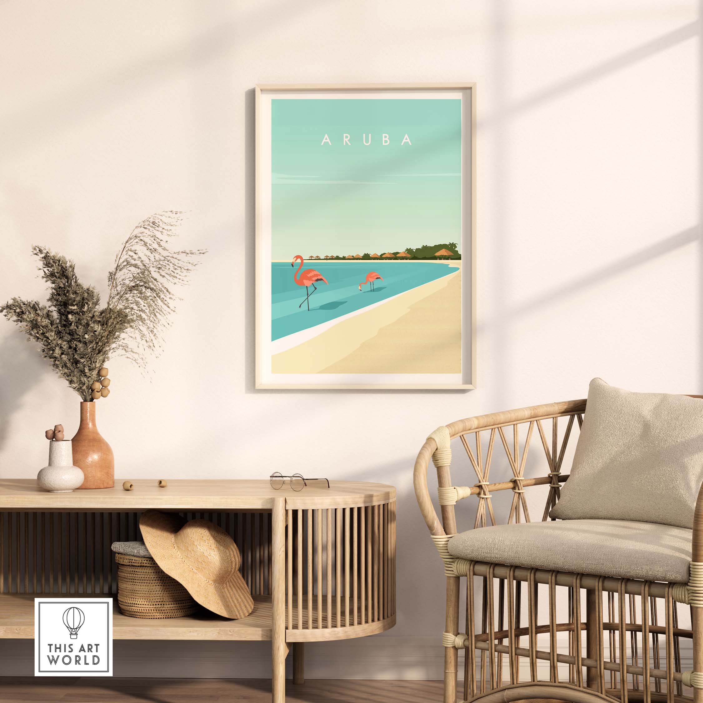 Aruba Wall Art Print featuring flamingos by the beach in a minimalist style, perfect for home or office decor.