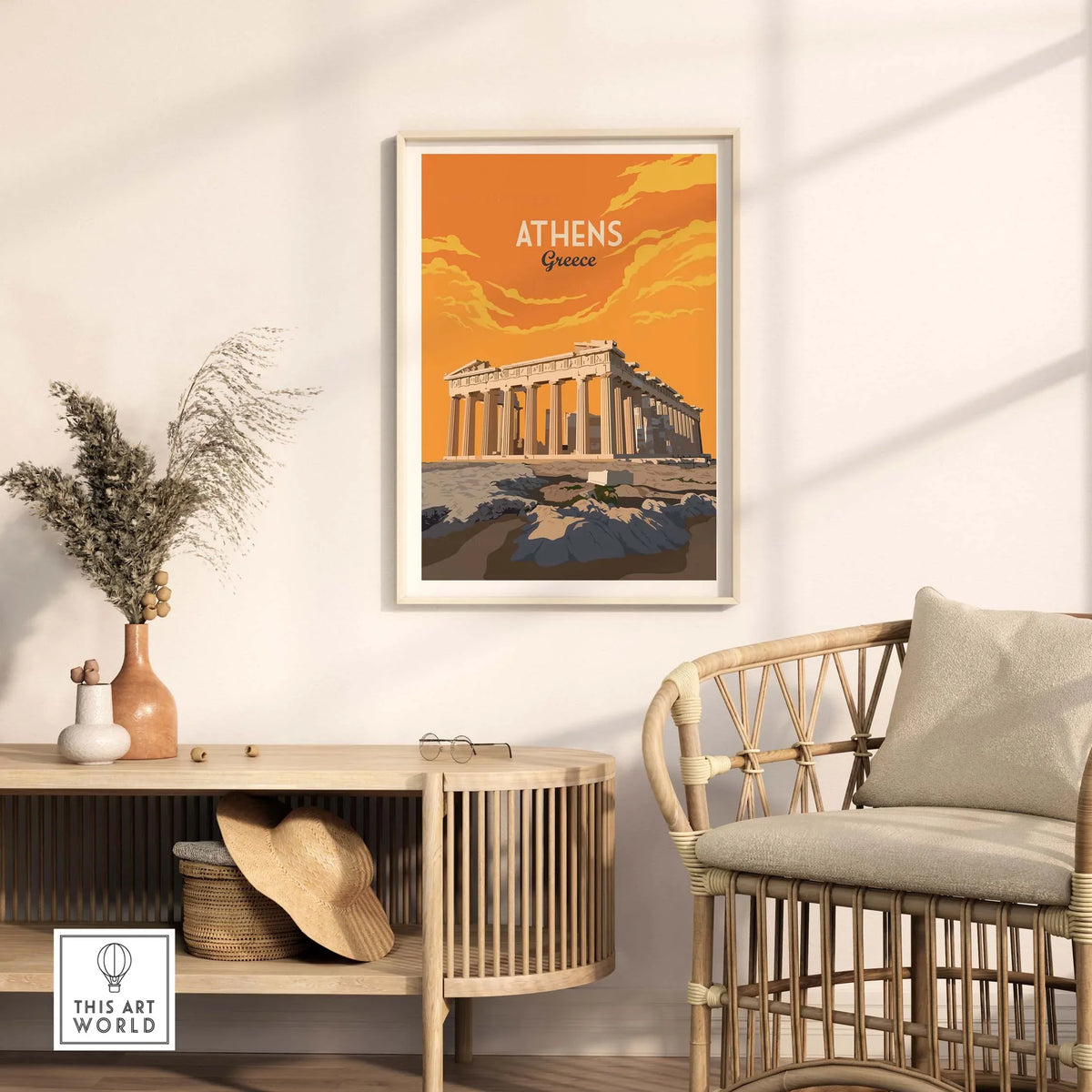 Athens Print Greece Poster featuring the Acropolis in warm orange tones, perfect for stylish home decor.