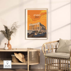 Athens Print Greece Poster featuring the Acropolis in warm orange tones, perfect for stylish home decor.