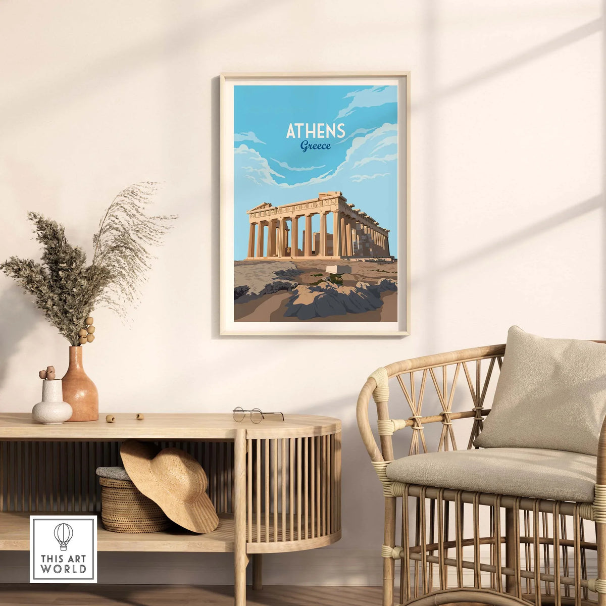 Athens Greece Art Print displayed in a stylish interior, featuring the iconic Parthenon in a vintage minimalistic design.