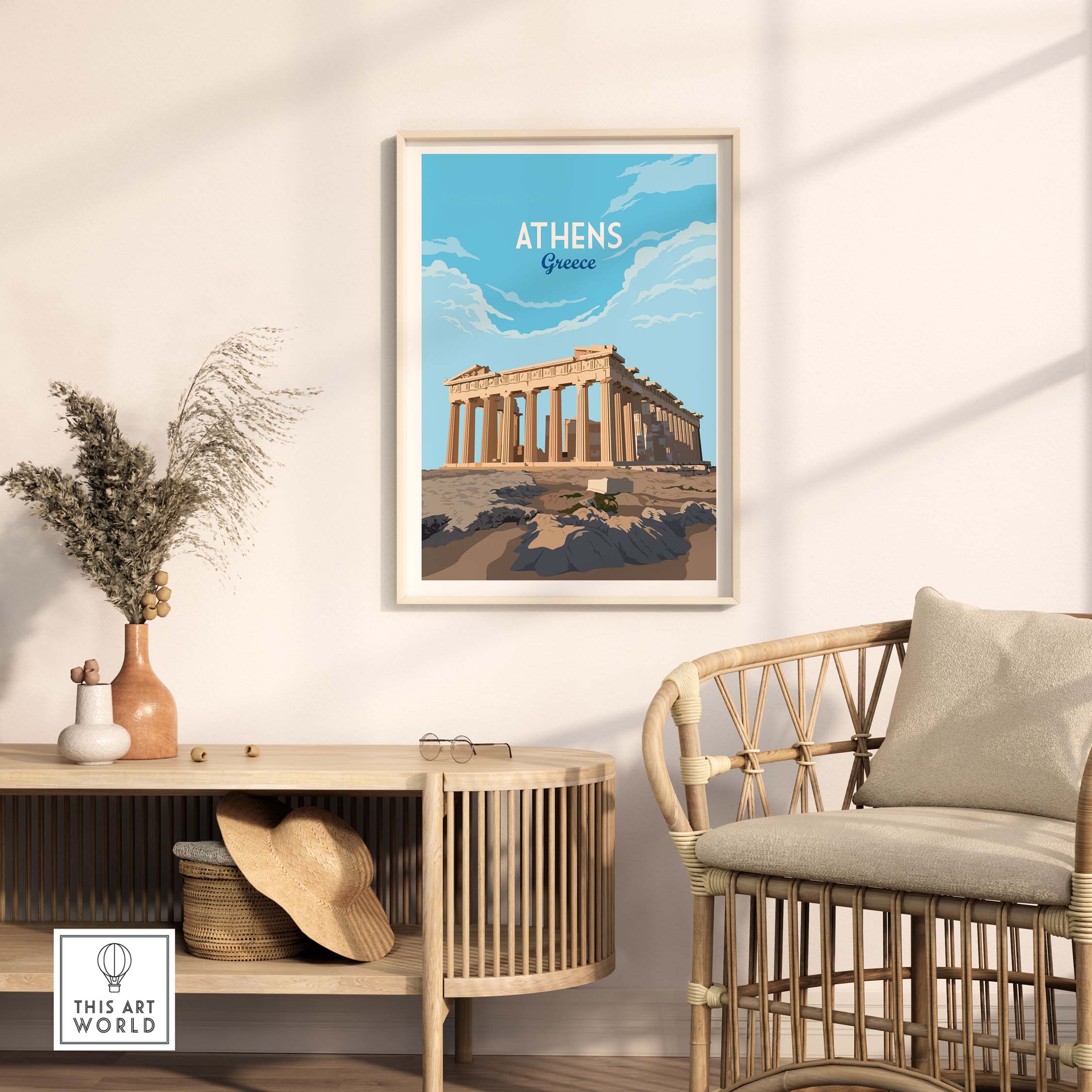 Athens Greece Art Print displayed in a stylish interior, featuring the iconic Parthenon in a vintage minimalistic design.