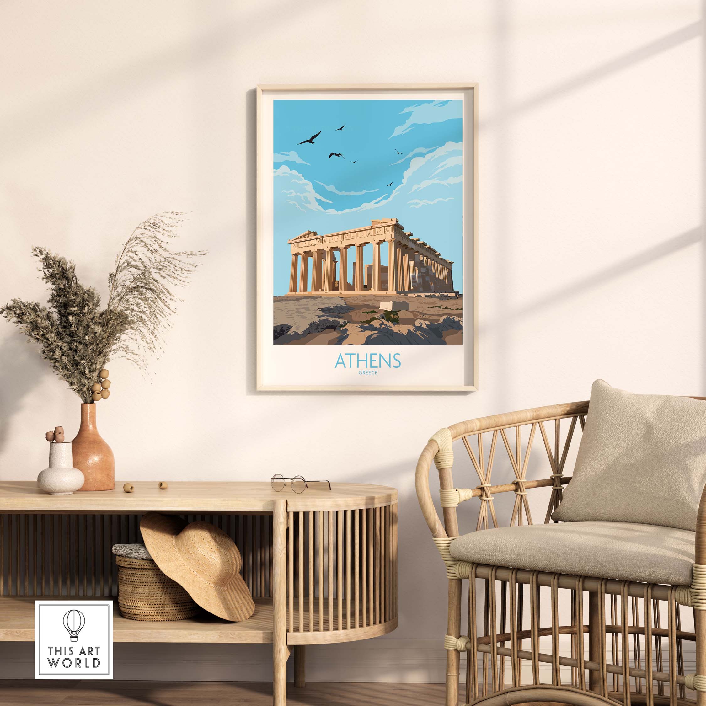 Athens Greece wall art poster featuring the Parthenon in a minimalist style, perfect for home or office decor.