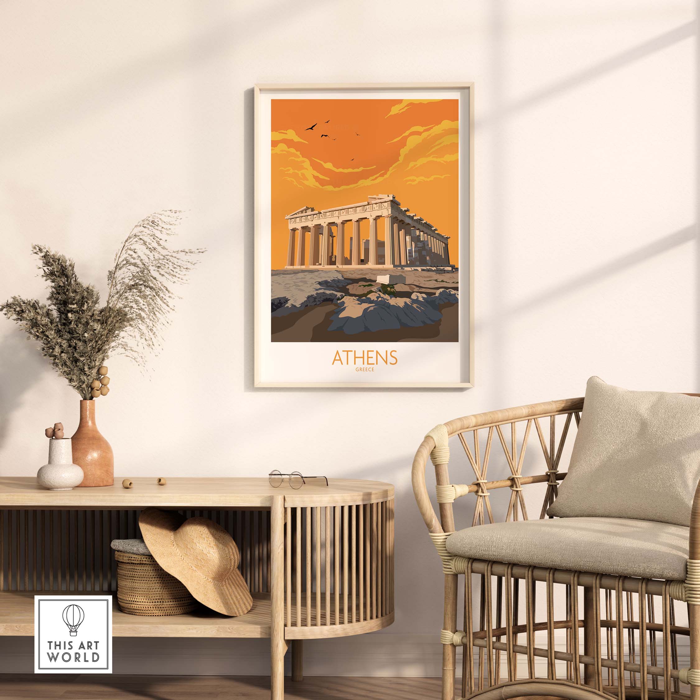 Athens poster featuring the Parthenon in a stylish home setting, perfect for Greece travel enthusiasts.