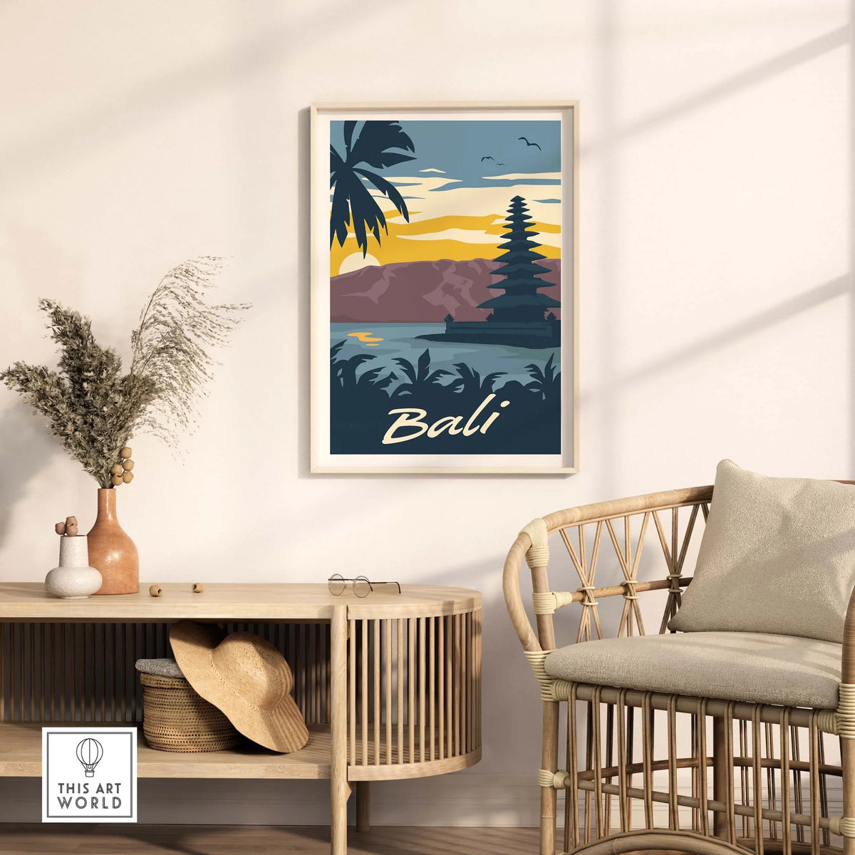 Bali Poster Wall Art Print featuring a tropical landscape, palm trees, and a serene sunset in a stylish living room setting.