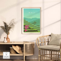 Bali Print Wall Art Poster featuring lush tropical landscapes and vintage design in modern interior decor.
