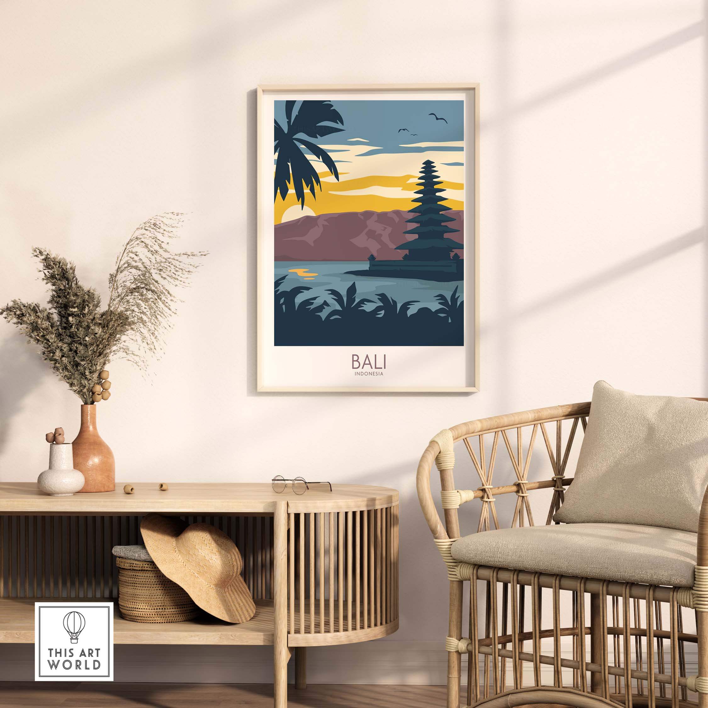 Bali travel poster featuring a serene landscape with palm trees and a sunset, perfect for home or office decor.