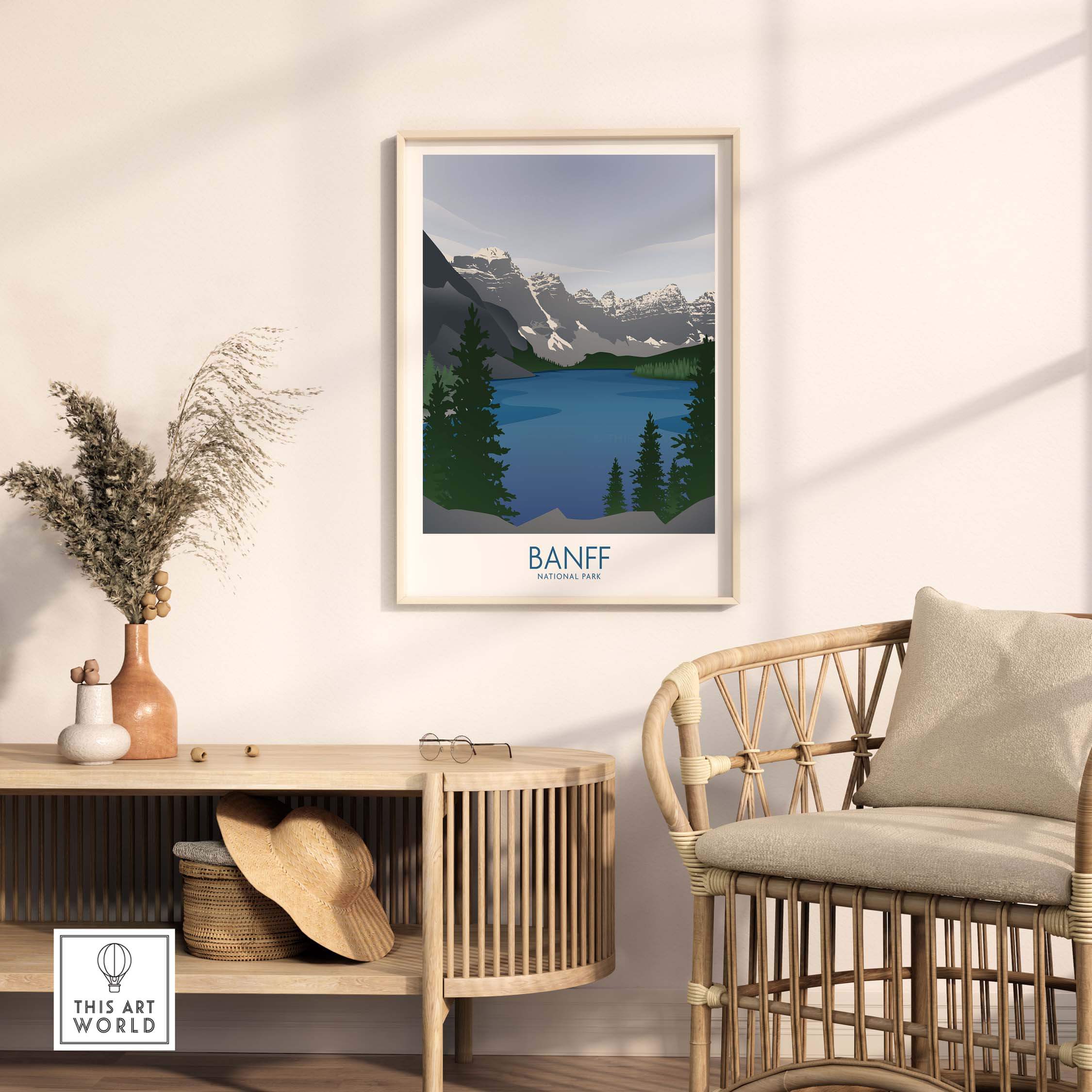 Banff National Park art print featuring minimalist design with mountains and lake, displayed in a stylish home interior.