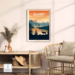 Banff National Park minimalist poster in stylish home setting, showcasing nature and outdoor adventure.