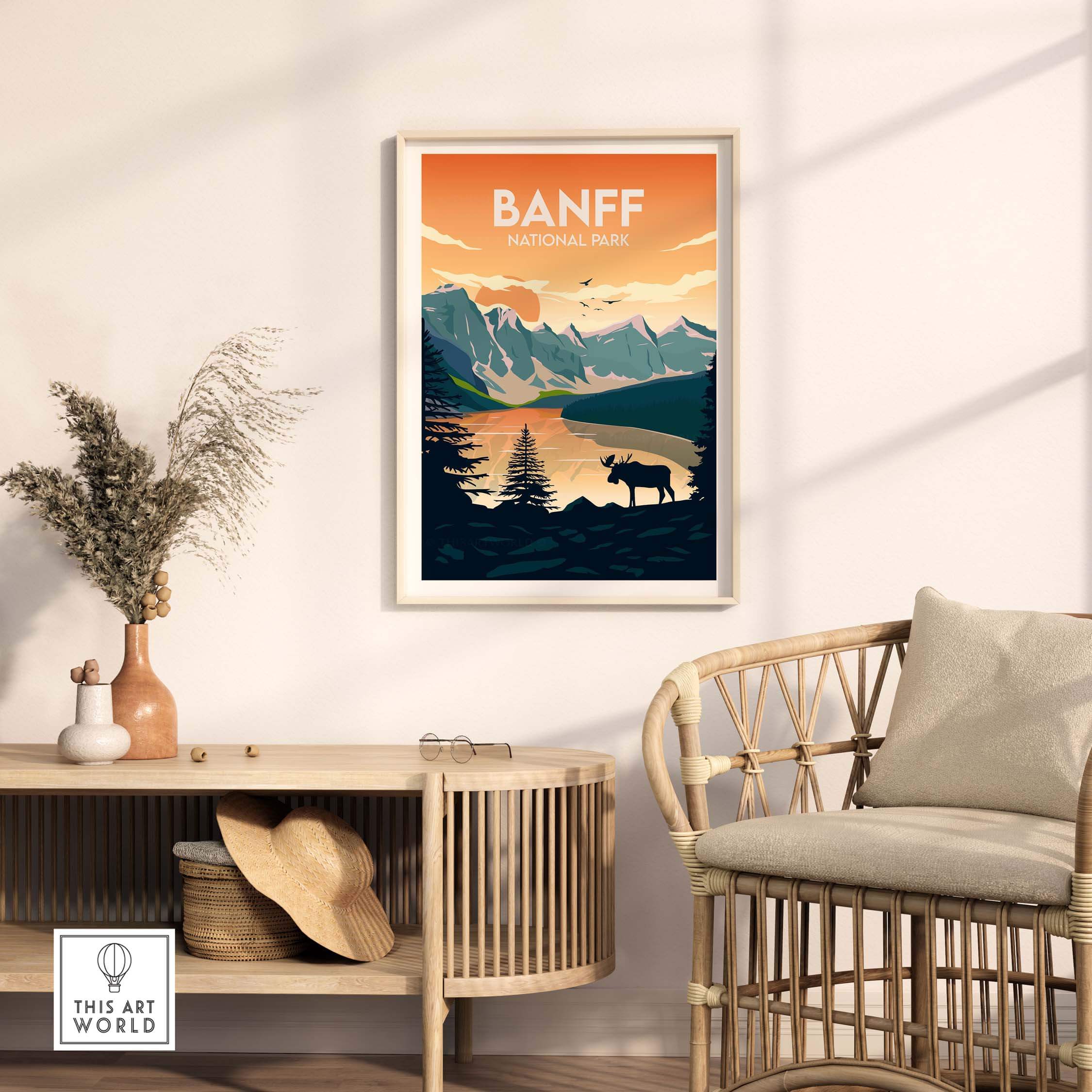 Banff National Park minimalist poster in stylish home setting, showcasing nature and outdoor adventure.