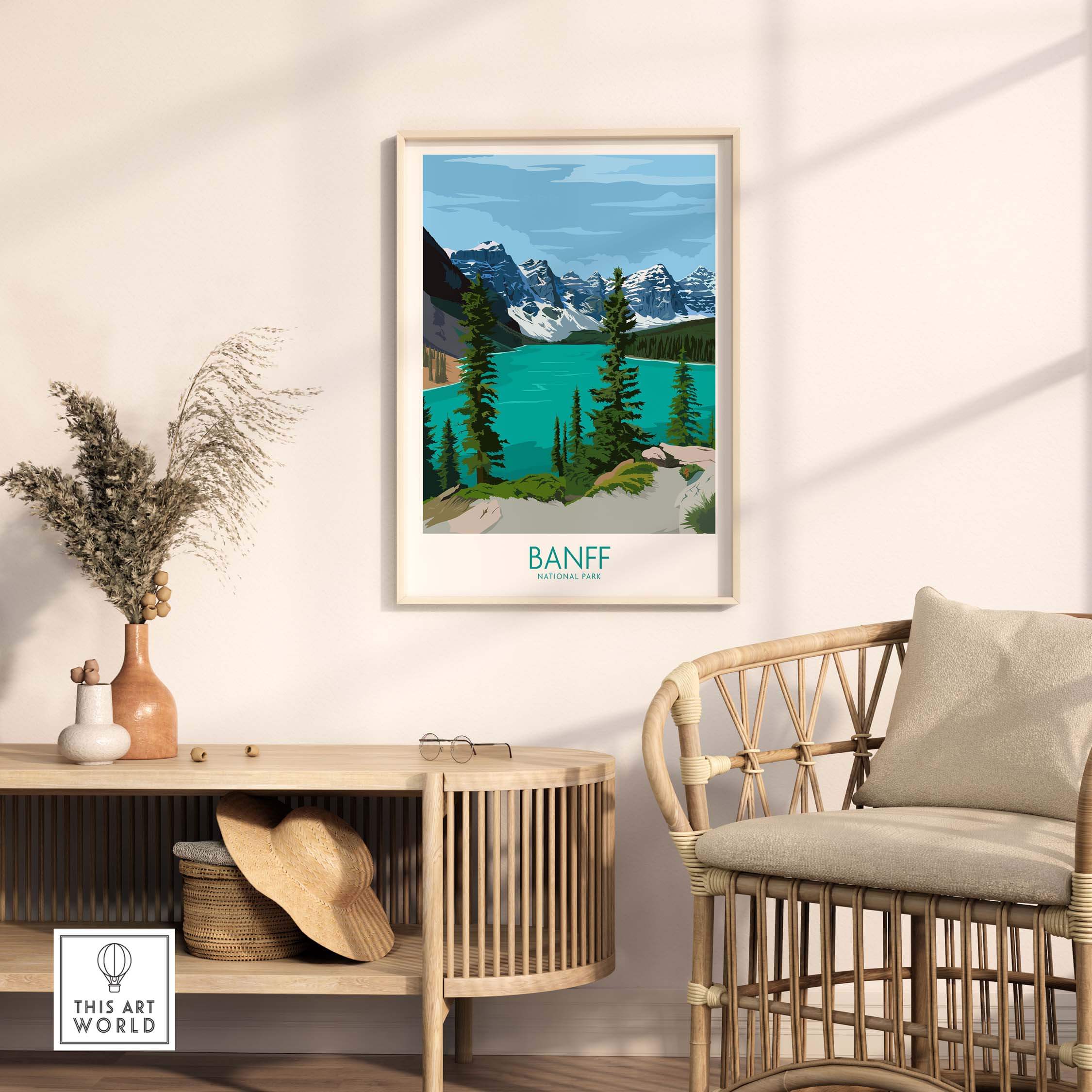 Banff Poster Print Wall Art displayed in a stylish interior, showcasing vibrant colors and a scenic landscape.