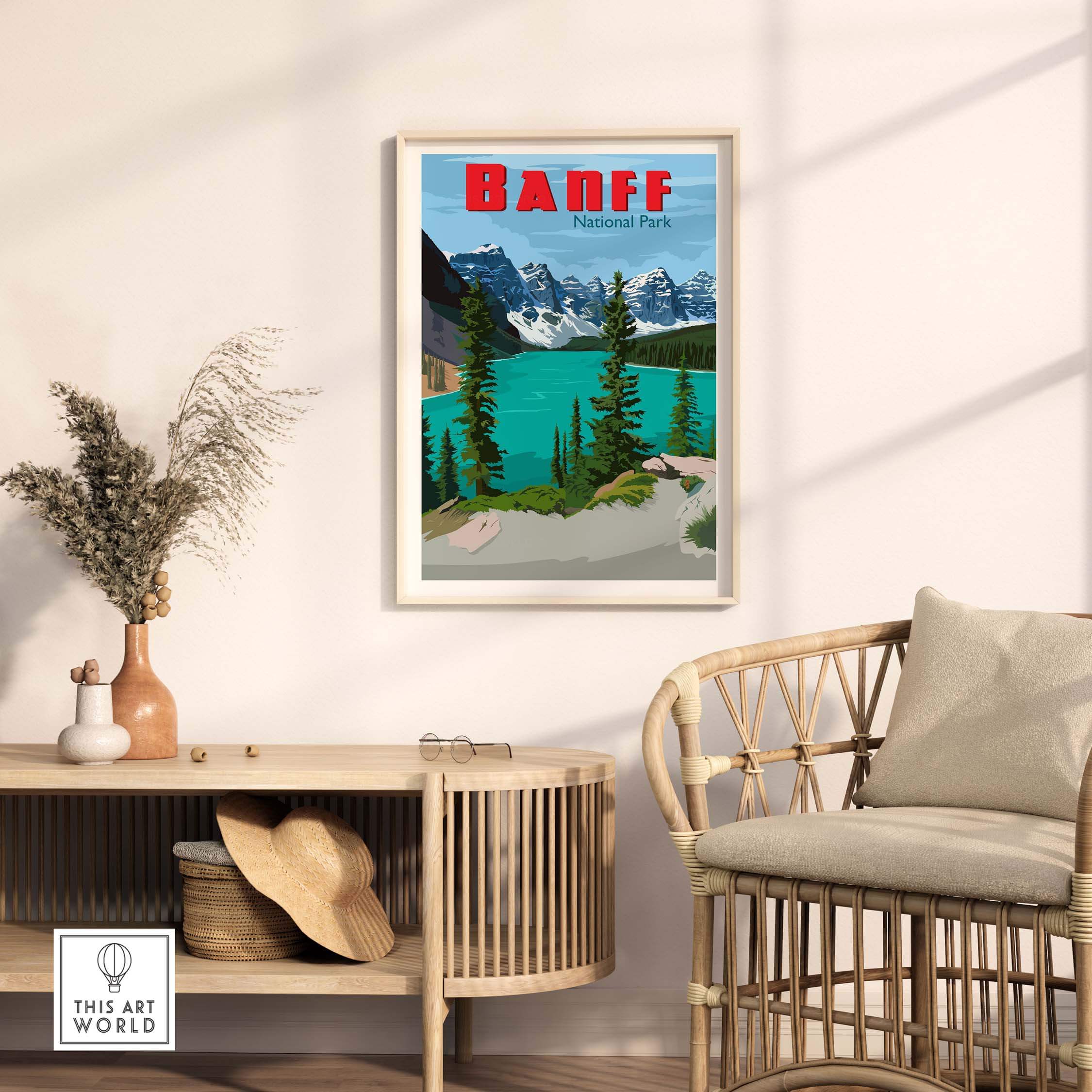 Banff National Park poster featuring mountains and blue lake in a stylish living room setting.