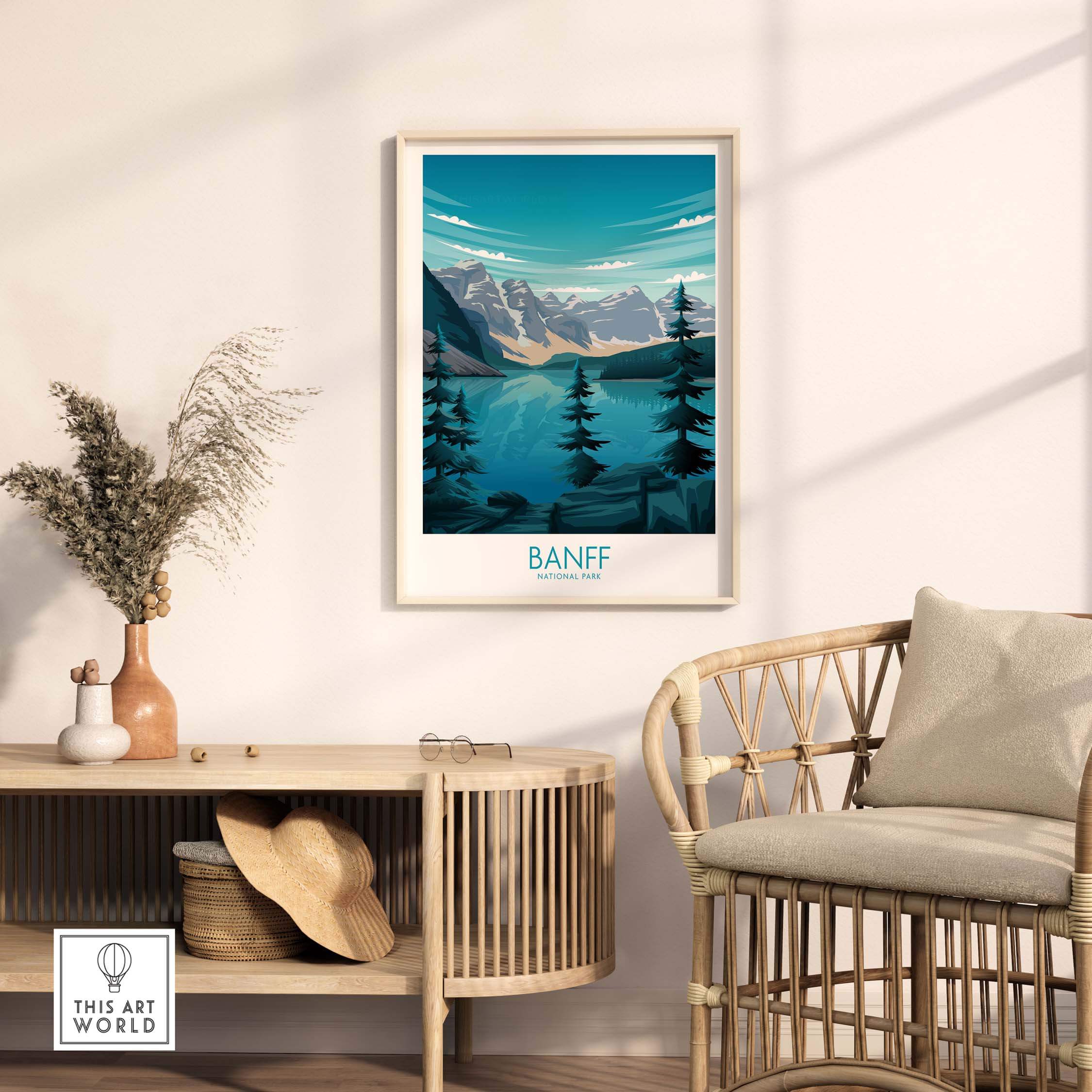 Banff National Park Print framed on a wall, featuring mountains and trees in a minimalist style, ideal for home decor.