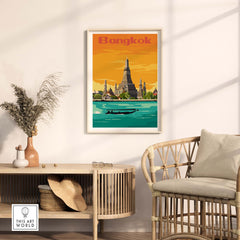 Vintage Bangkok print poster wall art featuring a temple and boat, perfect for home decor.