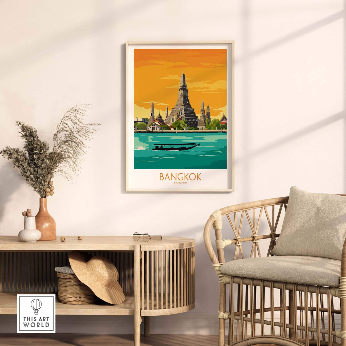 Stylish Bangkok travel poster featuring iconic Wat Arun, perfect for home or office decor.