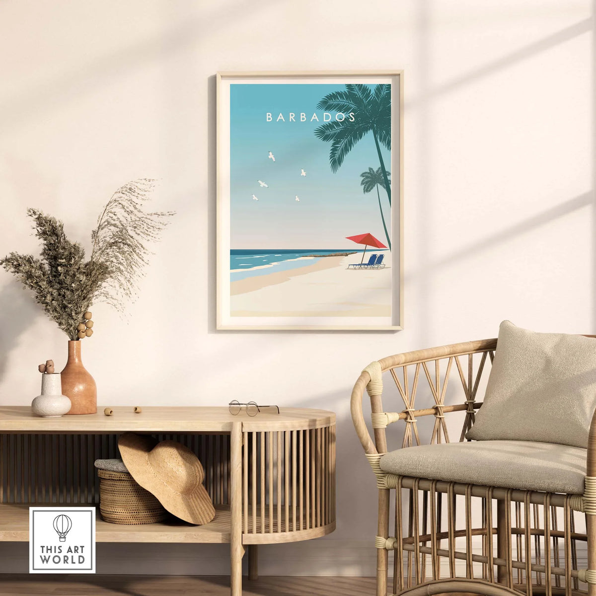 Barbados poster in a cozy living room, showcasing a beach scene with palm trees and a red umbrella.