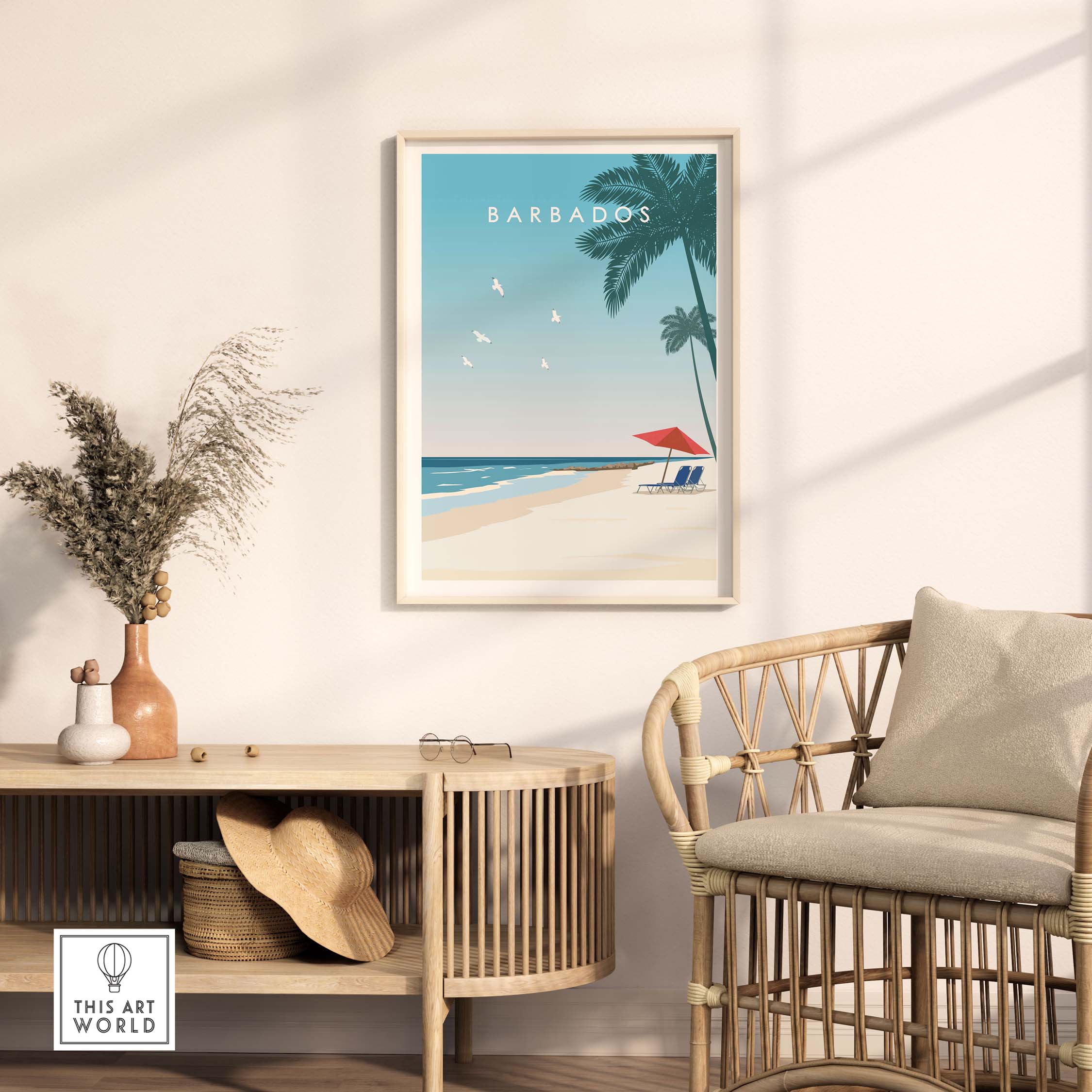 Barbados poster in a cozy living room, showcasing a beach scene with palm trees and a red umbrella.