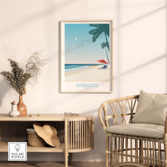 Barbados Print poster in a stylish living room setting with beach scene and vintage design.