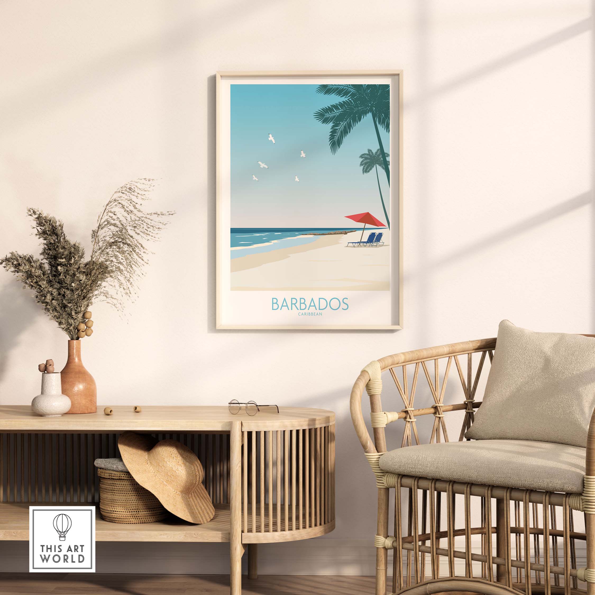 Barbados Print poster in a stylish living room setting with beach scene and vintage design.