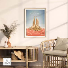 Vintage-inspired Barcelona wall art poster featuring Sagrada Família, displayed in a stylish interior setting.