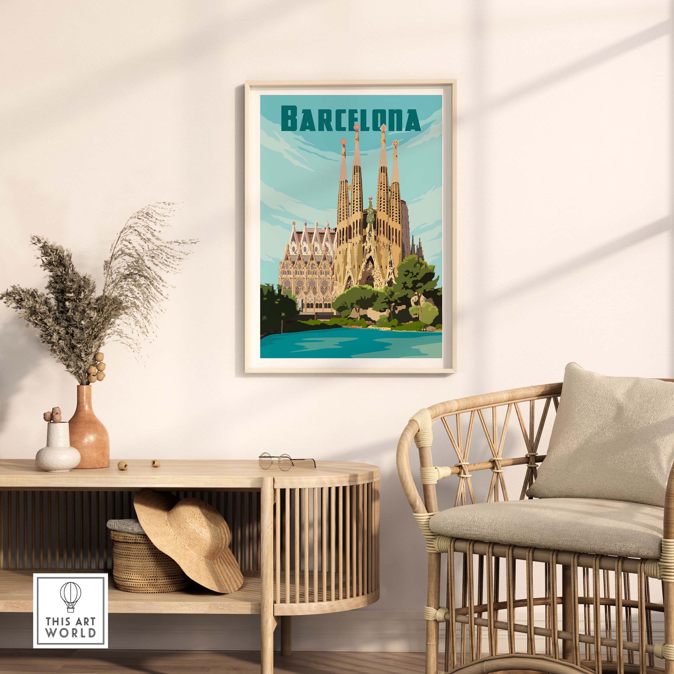 Vintage Barcelona print poster featuring Sagrada Família in a stylish home setting with modern decor.