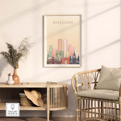 Barcelona skyline wall art print displayed in a modern living space, showcasing pastel tones and iconic architecture.