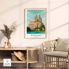 Barcelona poster featuring the Sagrada Familia in a stylish room setting, perfect for travel art enthusiasts.