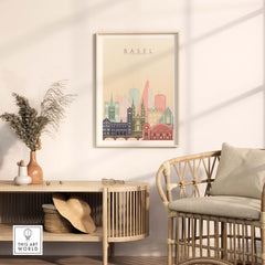 Basel City Skyline Wall Art Print in pastel colors displayed in a modern room setting with stylish decor.