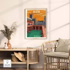 Bath England vintage travel print art showcasing architectural beauty in warm colors, framed in a stylish living room setting.
