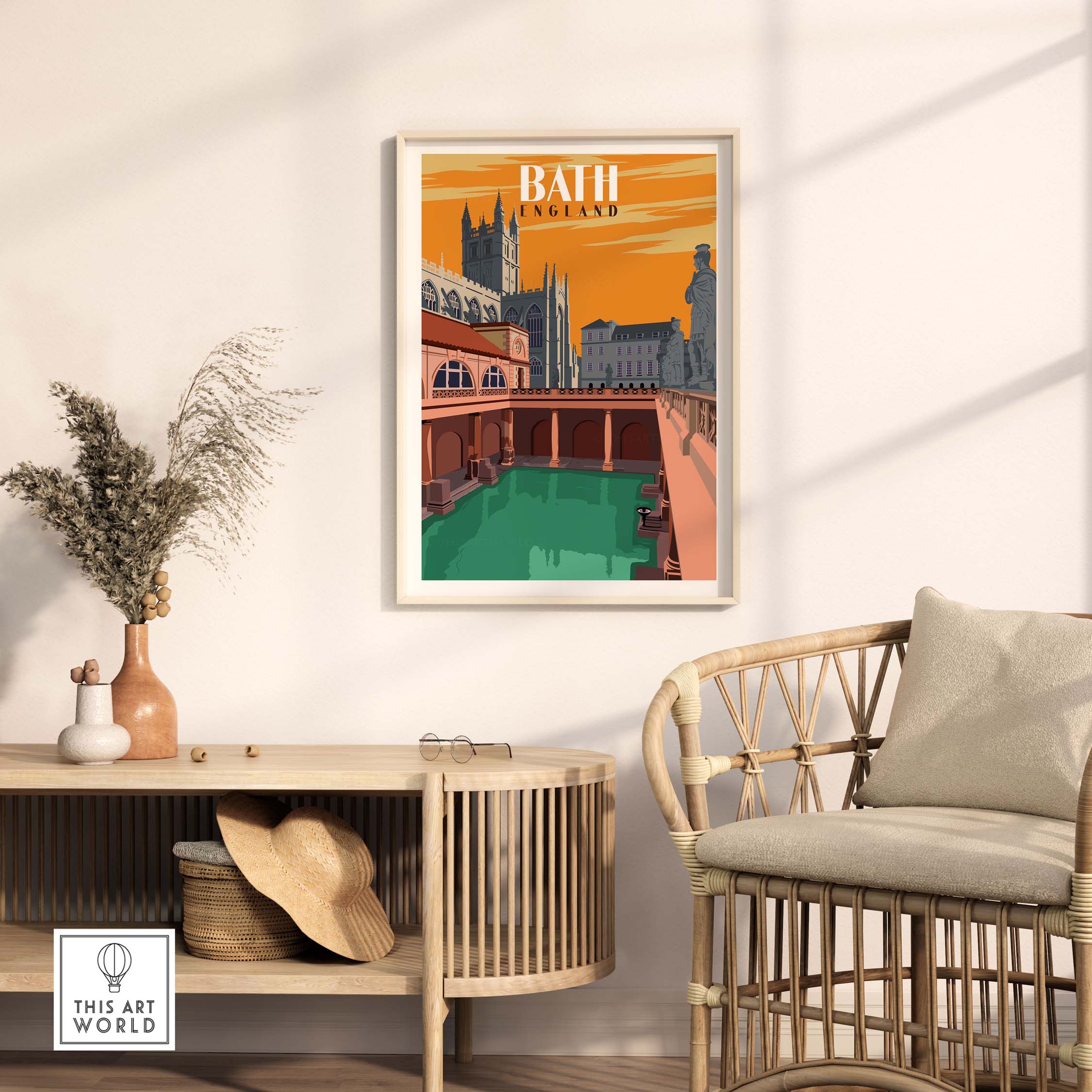 Bath England vintage travel print art showcasing architectural beauty in warm colors, framed in a stylish living room setting.