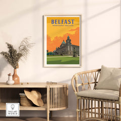 Belfast Print Northern Ireland displayed in a stylish living room setting with vintage-inspired artwork.