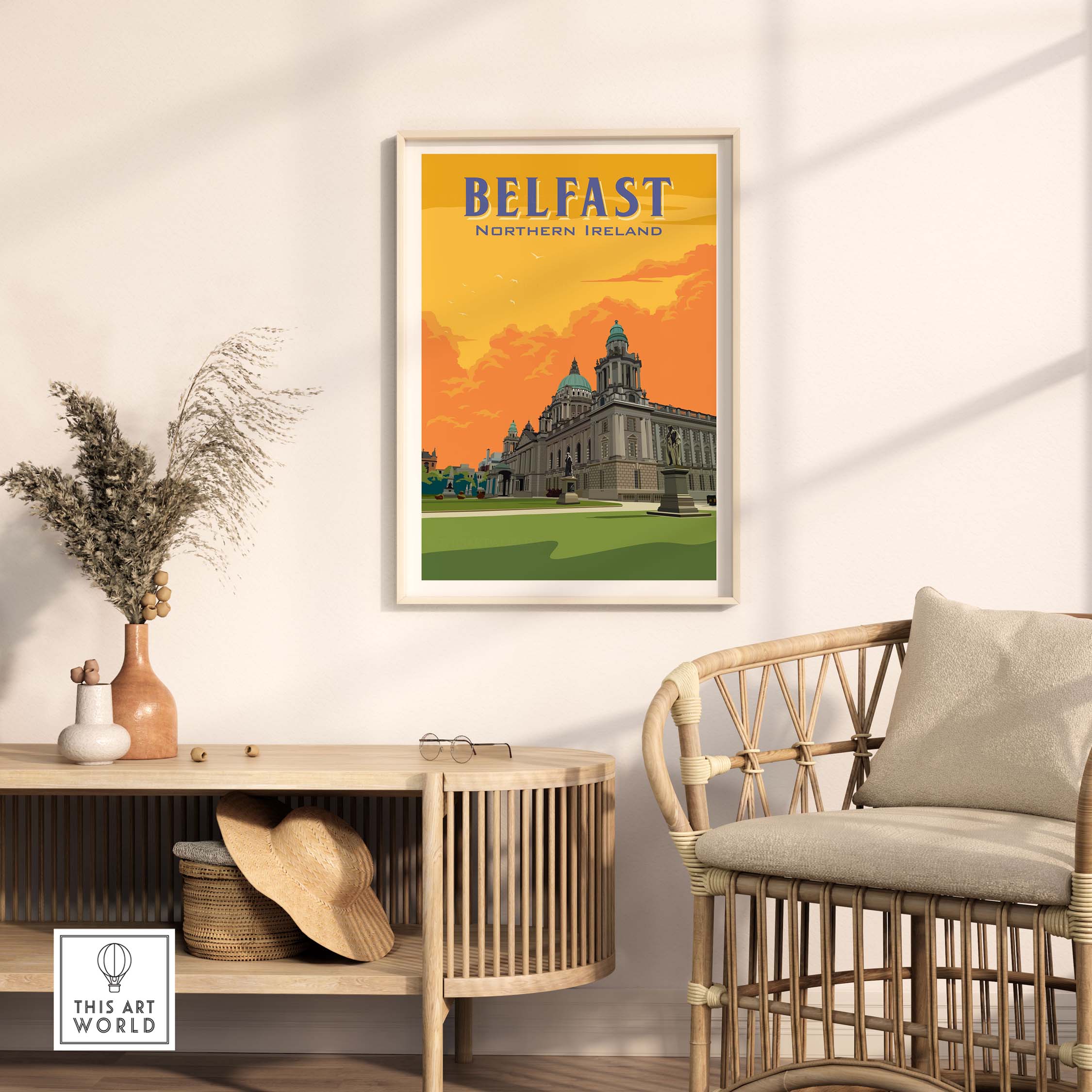 Belfast Print Northern Ireland displayed in a stylish living room setting with vintage-inspired artwork.