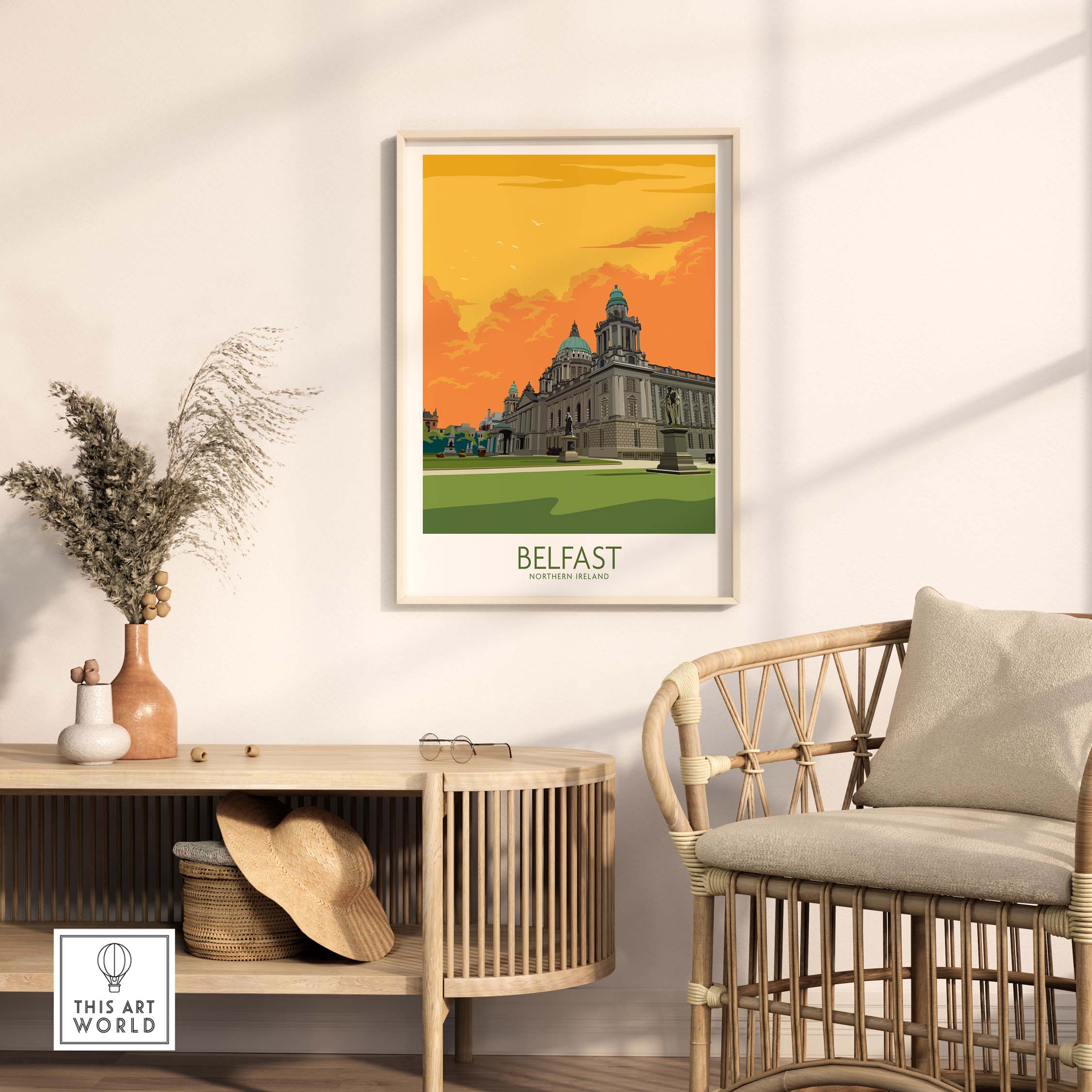 Belfast vintage travel poster displayed in a stylish living room with natural decor. Perfect for home or office art.