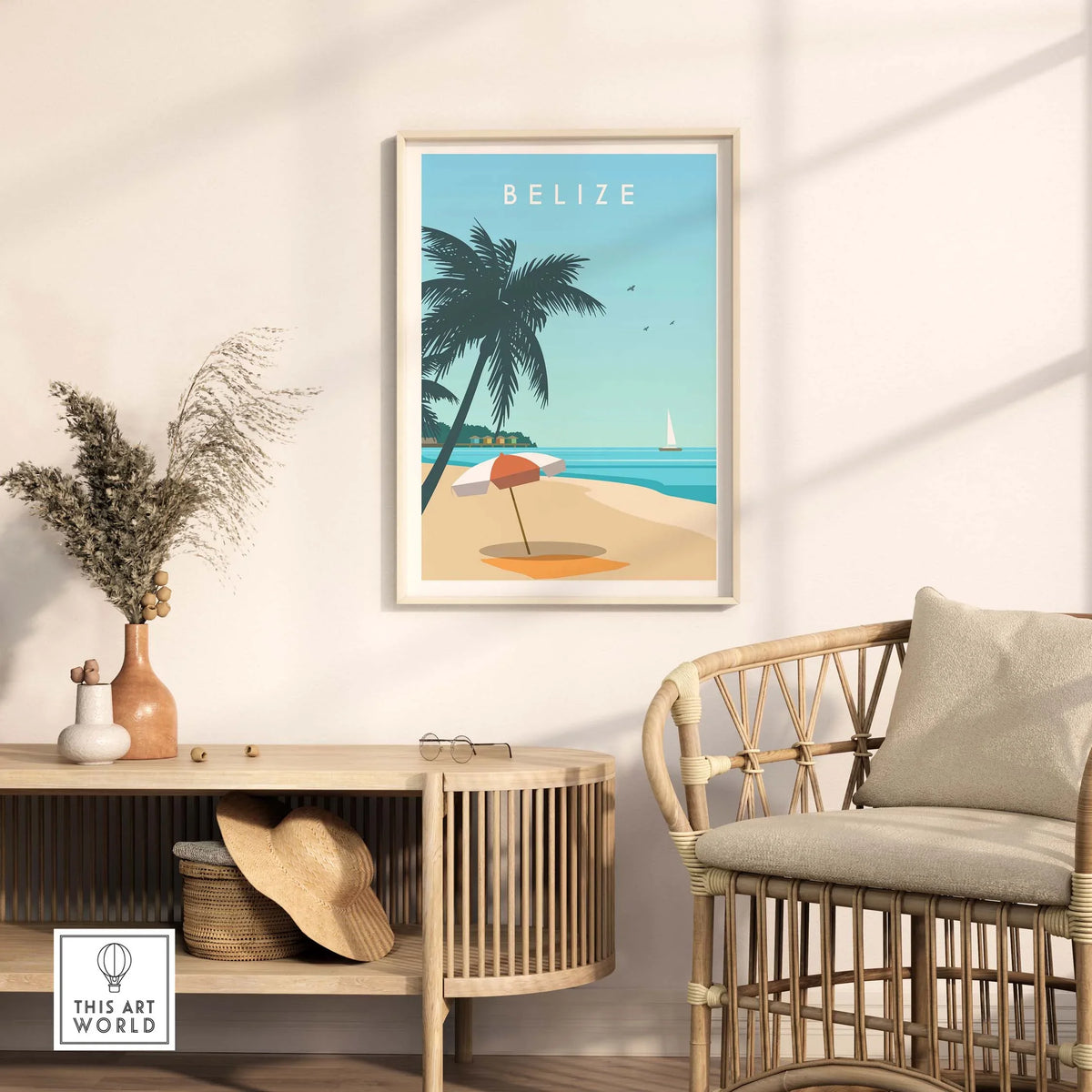Belize Print travel poster featuring a beach scene with palm trees and a sun umbrella, perfect for home decor.